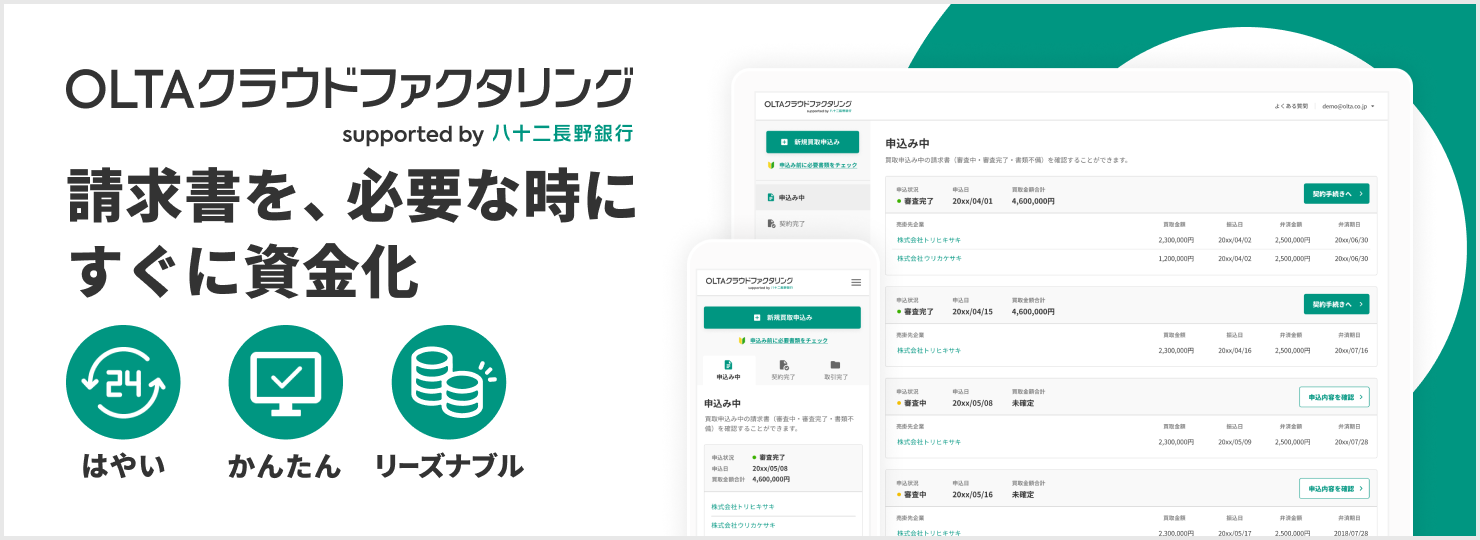 OLTAクラウドファクタリング supported by 八十二長野銀行 は、八十二長野銀行のサポートのもと、OLTA(オルタ)が運営するオンライン完結型のファクタリングサービスです。個人事業主・法人どなたでもご利用いただけて、買取金額に上限も下限も設定していません。
